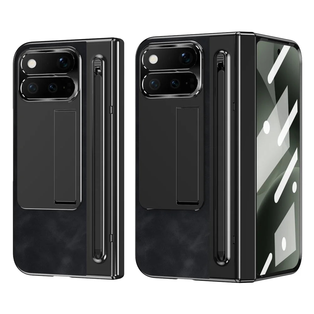For Google Pixel 11 Pro Fold Case Pen Slot Leather + PC Kickstand Phone Cover with Tempered Glass Film, Stylus - Black - 2