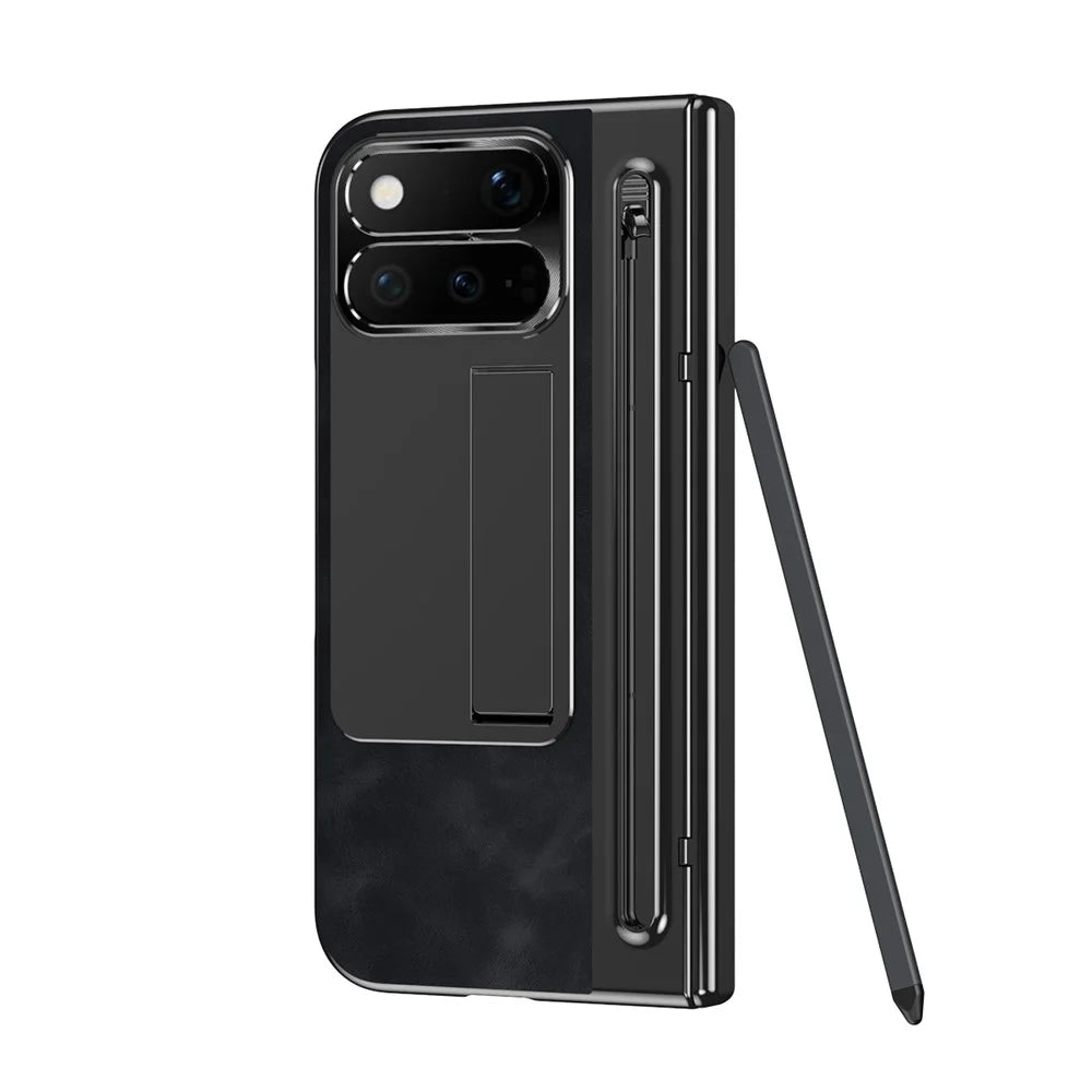 For Google Pixel 11 Pro Fold Case Pen Slot Leather + PC Kickstand Phone Cover with Tempered Glass Film, Stylus - Black - 3