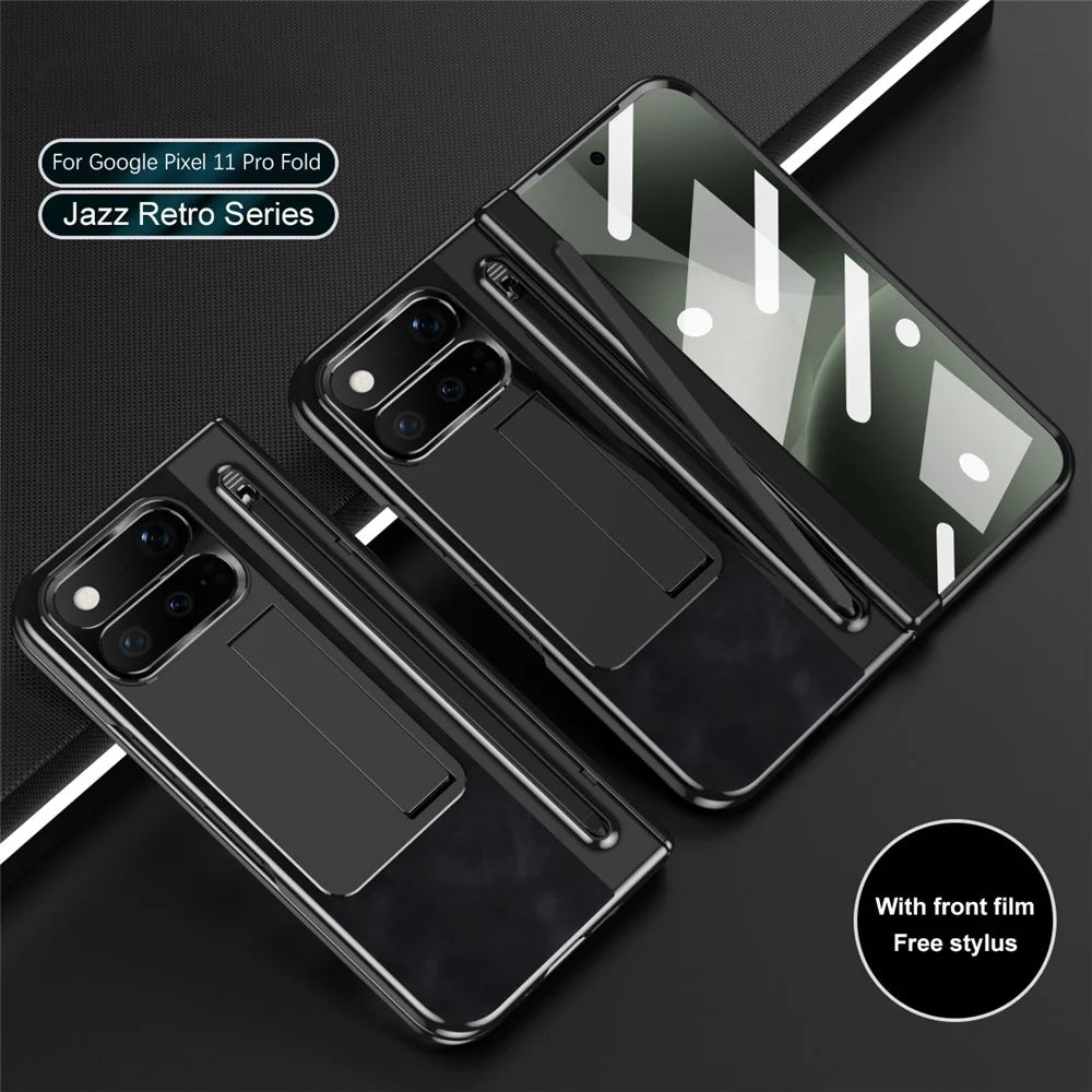 For Google Pixel 11 Pro Fold Case Pen Slot Leather + PC Kickstand Phone Cover with Tempered Glass Film, Stylus - Black - 4