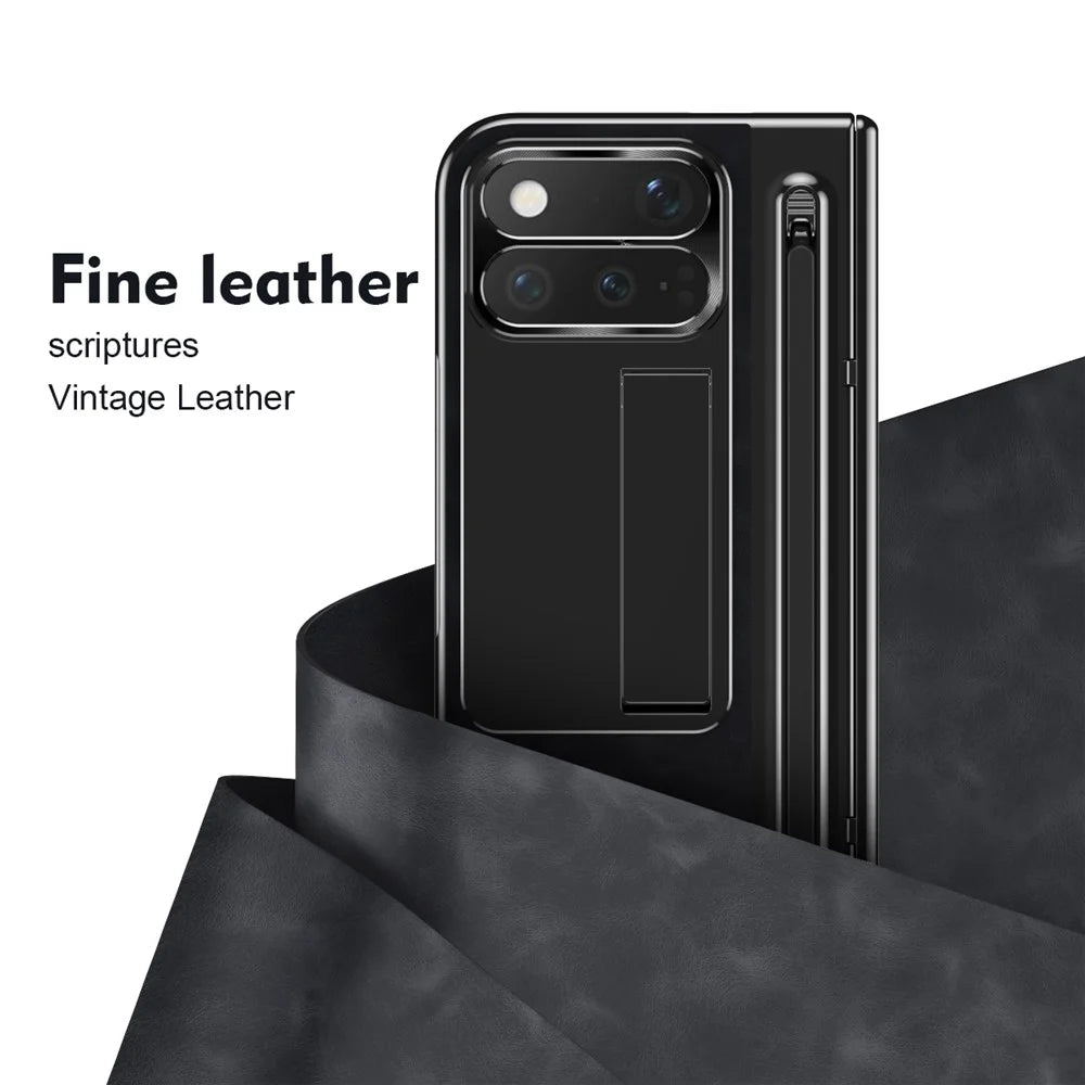 For Google Pixel 11 Pro Fold Case Pen Slot Leather + PC Kickstand Phone Cover with Tempered Glass Film, Stylus - Black - 5