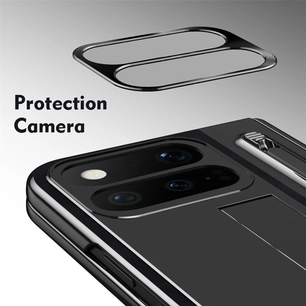 For Google Pixel 11 Pro Fold Case Pen Slot Leather + PC Kickstand Phone Cover with Tempered Glass Film, Stylus - Black - 6