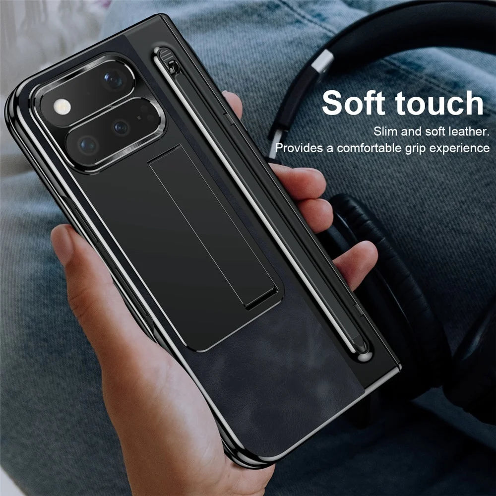 For Google Pixel 11 Pro Fold Case Pen Slot Leather + PC Kickstand Phone Cover with Tempered Glass Film, Stylus - Black - 7