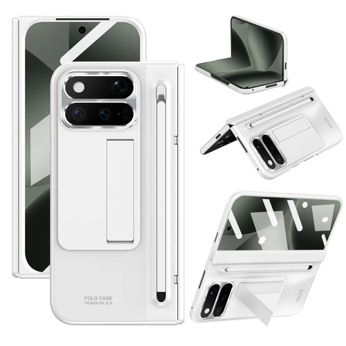 For Google Pixel 11 Pro Fold Case Kickstand Hinge PC Phone Cover with Tempered Glass Film, Stylus - White - 1