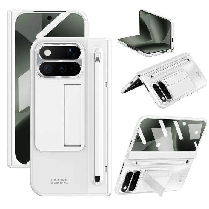 For Google Pixel 11 Pro Fold Case Kickstand Hinge PC Phone Cover with Tempered Glass Film, Stylus - White - 1