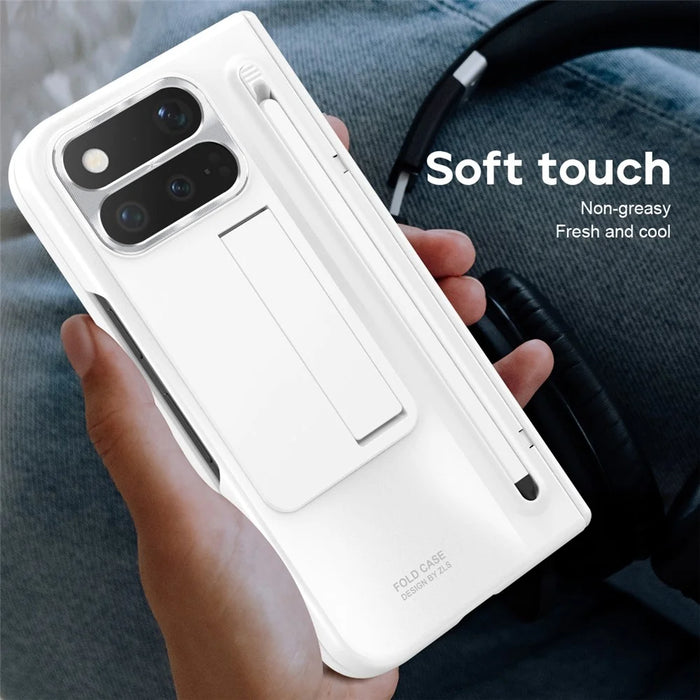 For Google Pixel 11 Pro Fold Case Kickstand Hinge PC Phone Cover with Tempered Glass Film, Stylus - White - 2