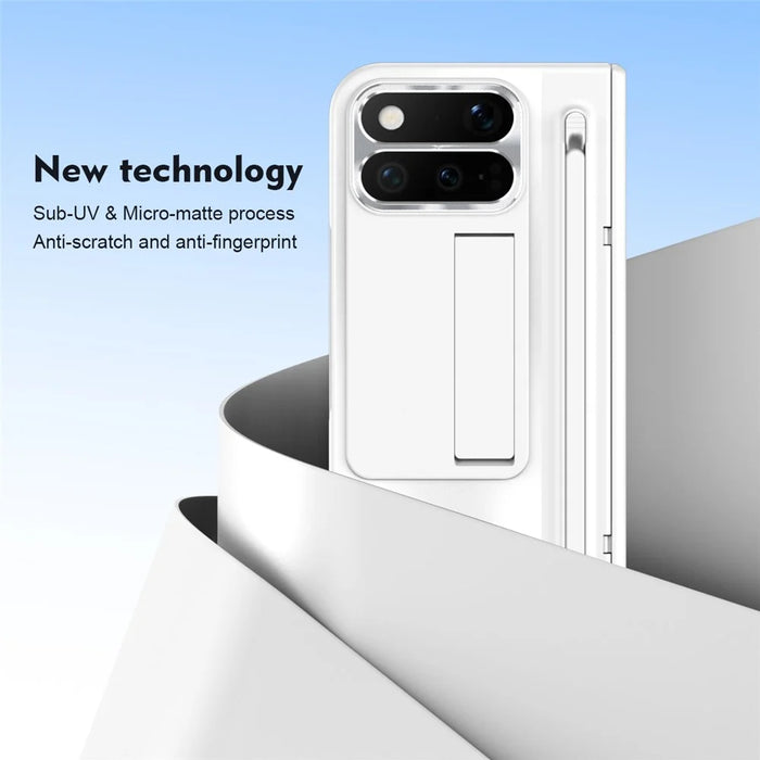 For Google Pixel 11 Pro Fold Case Kickstand Hinge PC Phone Cover with Tempered Glass Film, Stylus - White - 3