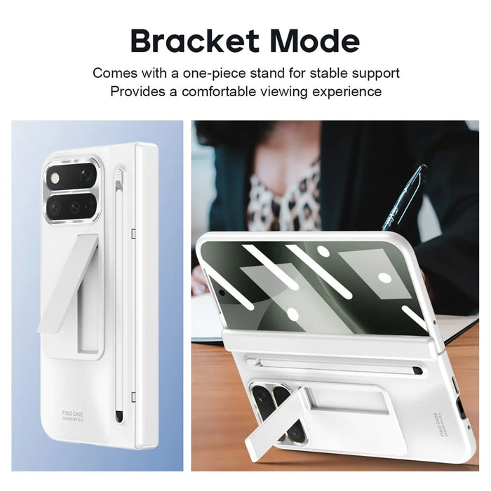 For Google Pixel 11 Pro Fold Case Kickstand Hinge PC Phone Cover with Tempered Glass Film, Stylus - White - 4