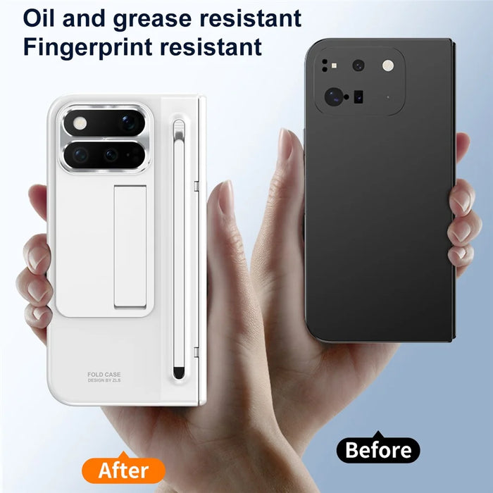 For Google Pixel 11 Pro Fold Case Kickstand Hinge PC Phone Cover with Tempered Glass Film, Stylus - White - 7