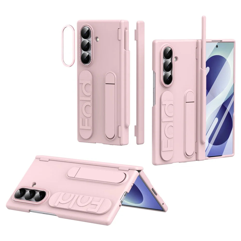 For Samsung Galaxy Z Fold8 Ultra Case Kickstand Dual Hinge PC Phone Cover with Tempered Glass Film / Stylus - Pink - 1