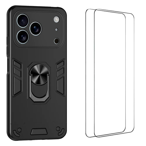WANLONFENG for iPhone 17 Pro Max YS Series Case Kicktand Shockproof PC TPU Phone Cover with 2Pcs Tempered Glass Film - Black - 1