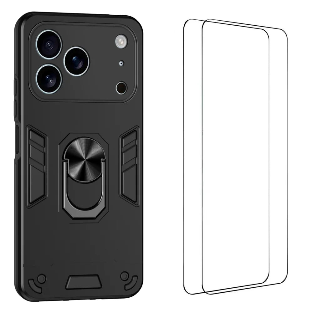 WANLONFENG for iPhone 17 Pro YS Series Case Kicktand Shockproof PC TPU Phone Cover with 2Pcs Tempered Glass Film - Black - 1