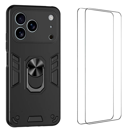 WANLONFENG for iPhone 17 Pro YS Series Case Kicktand Shockproof PC TPU Phone Cover with 2Pcs Tempered Glass Film - Black - 1