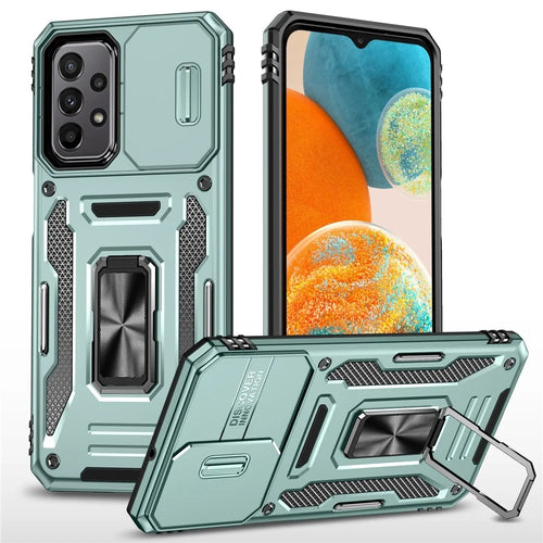 Armor Series for Samsung Galaxy A23 4G / 5G (Global Version) Kickstand Design Phone Case PC + TPU Protective Back Cover with Slide Camera Cover - Green - 1