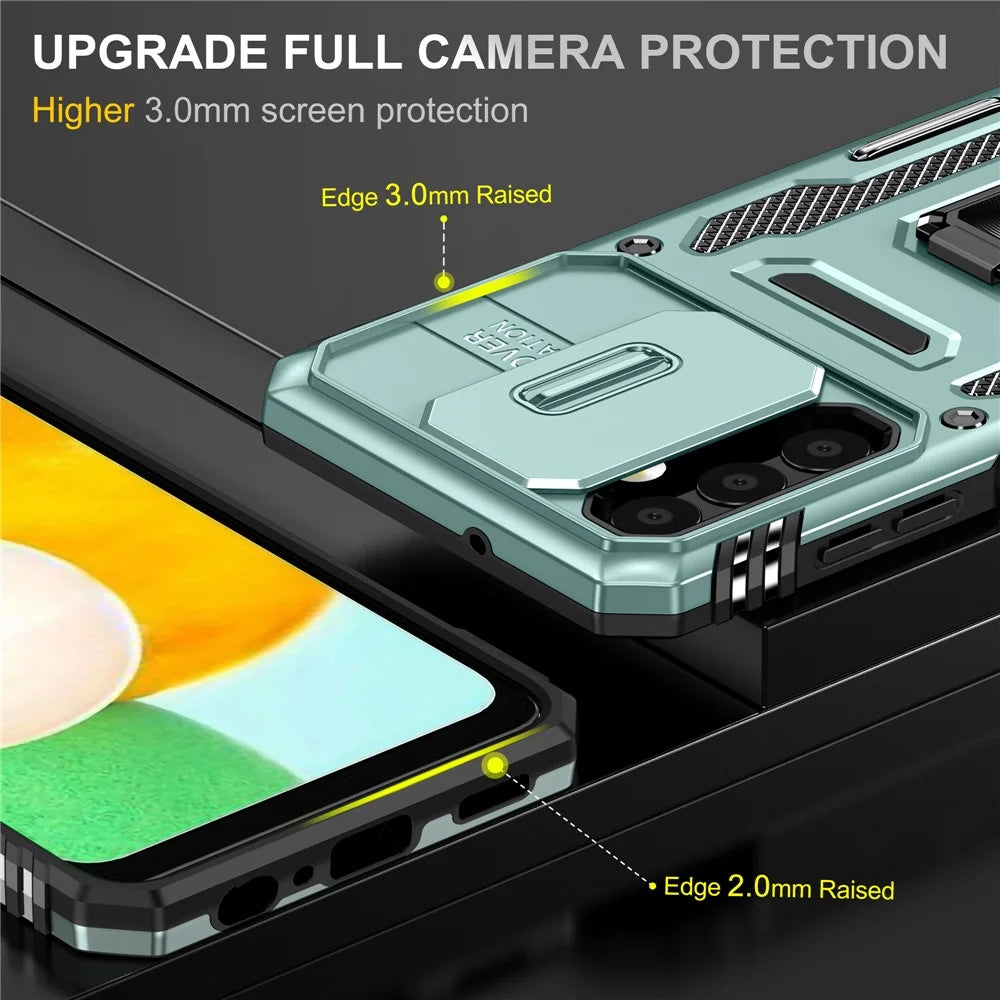 Armor Series for Samsung Galaxy A23 4G / 5G (Global Version) Kickstand Design Phone Case PC + TPU Protective Back Cover with Slide Camera Cover - Green - 3