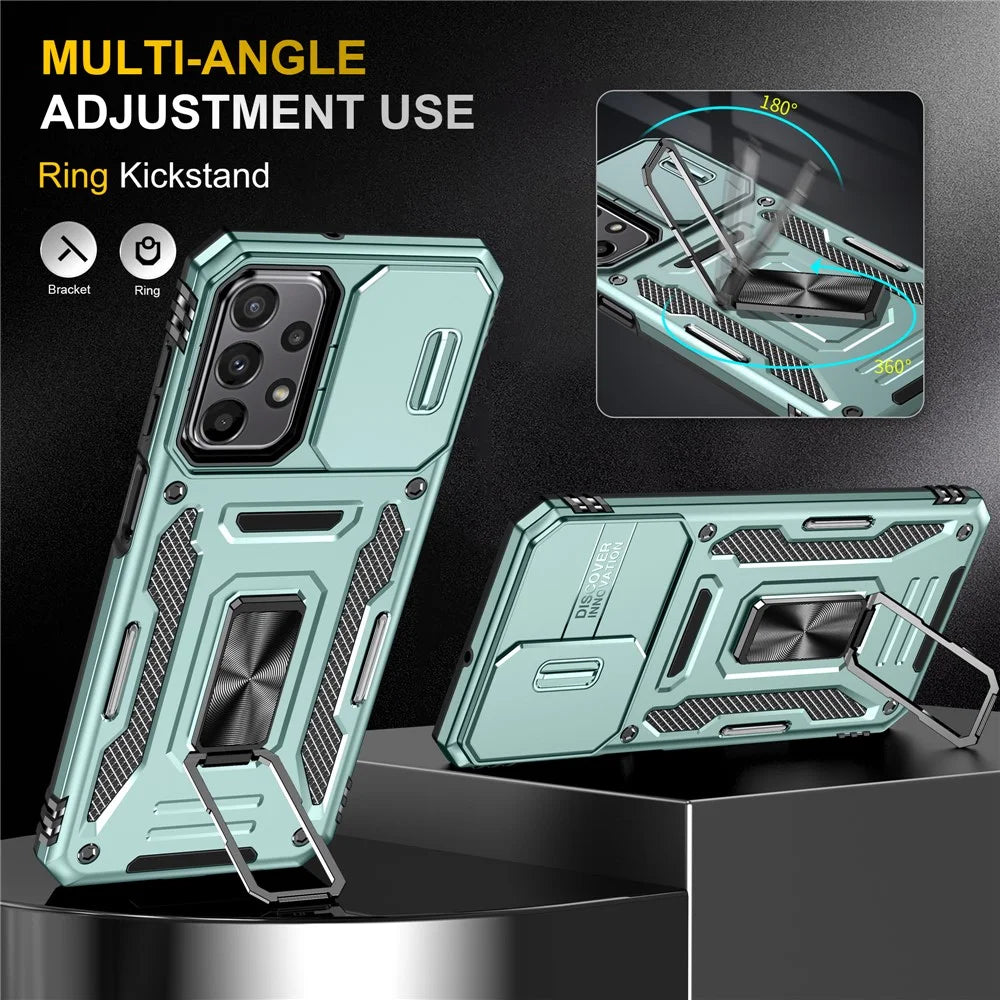 Armor Series for Samsung Galaxy A23 4G / 5G (Global Version) Kickstand Design Phone Case PC + TPU Protective Back Cover with Slide Camera Cover - Green - 4