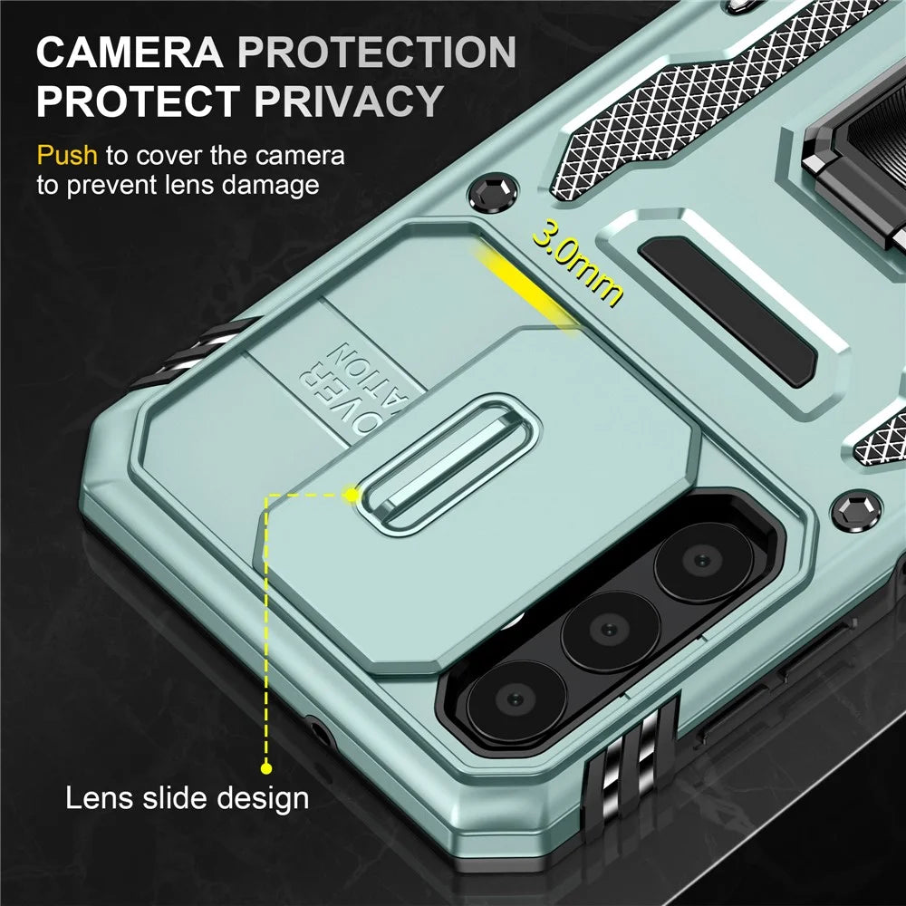 Armor Series for Samsung Galaxy A23 4G / 5G (Global Version) Kickstand Design Phone Case PC + TPU Protective Back Cover with Slide Camera Cover - Green - 5