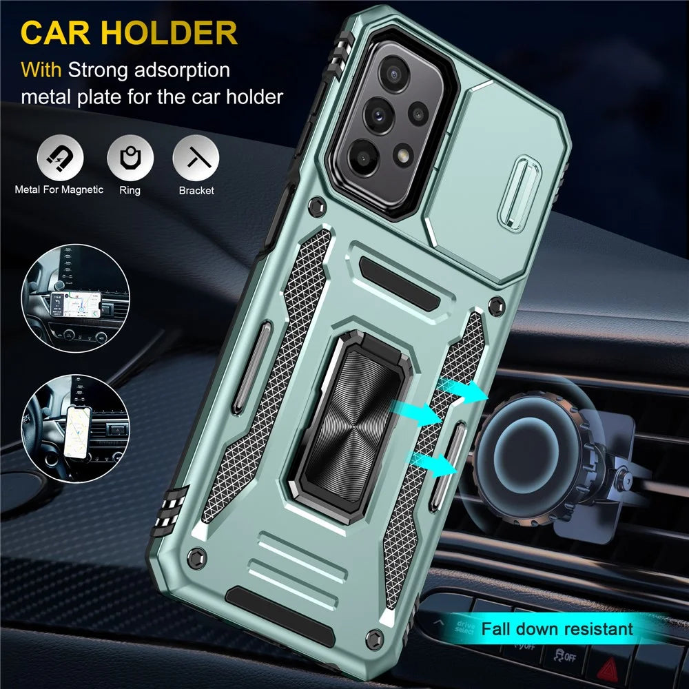 Armor Series for Samsung Galaxy A23 4G / 5G (Global Version) Kickstand Design Phone Case PC + TPU Protective Back Cover with Slide Camera Cover - Green - 6