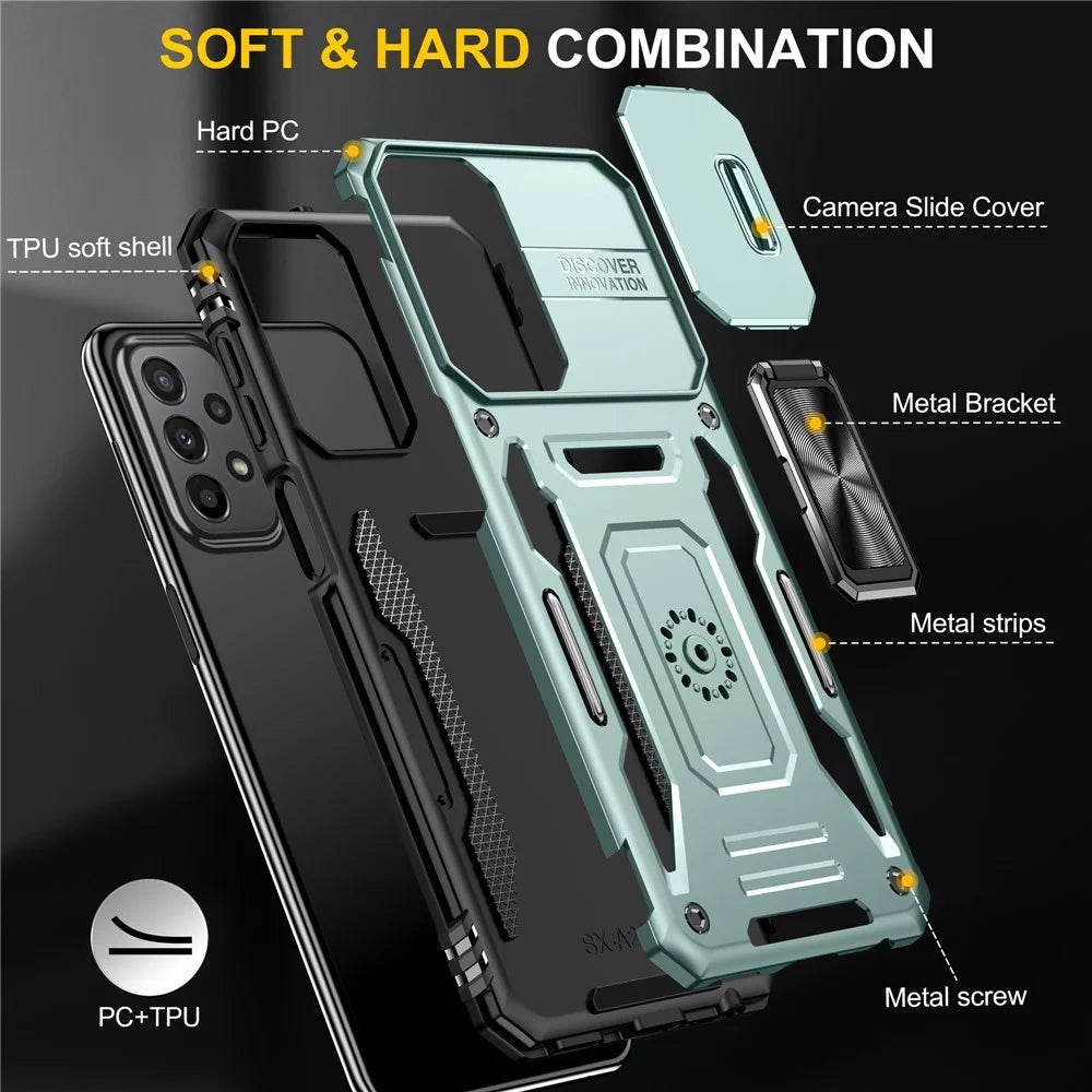 Armor Series for Samsung Galaxy A23 4G / 5G (Global Version) Kickstand Design Phone Case PC + TPU Protective Back Cover with Slide Camera Cover - Green - 7