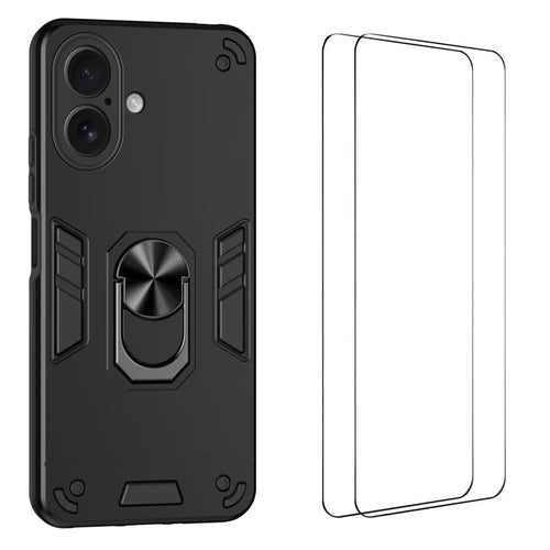 WANLONFENG for iPhone 17 YS Series Case Kicktand Shockproof PC TPU Phone Cover with 2Pcs Tempered Glass Film - Black - 1