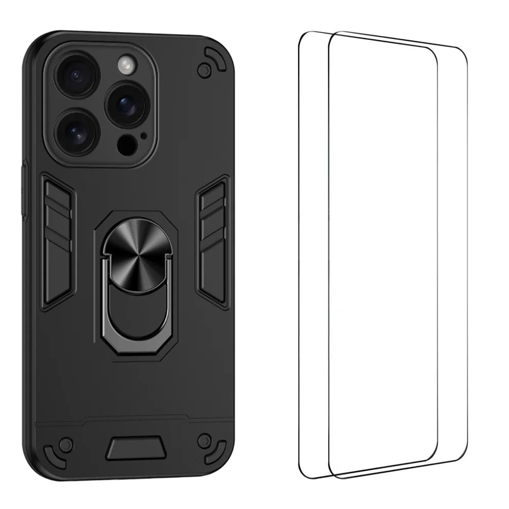 WANLONFENG for iPhone 16 Pro YS Series Case Kicktand Shockproof PC TPU Phone Cover with 2Pcs Tempered Glass Film - Black - 1