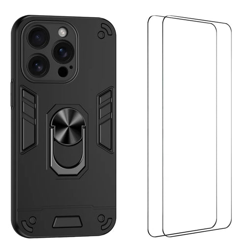 WANLONFENG for iPhone 16 Pro YS Series Case Kicktand Shockproof PC TPU Phone Cover with 2Pcs Tempered Glass Film - Black - 1