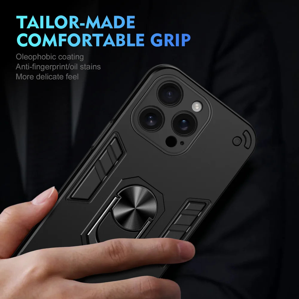 WANLONFENG for iPhone 16 Pro YS Series Case Kicktand Shockproof PC TPU Phone Cover with 2Pcs Tempered Glass Film - Black - 6