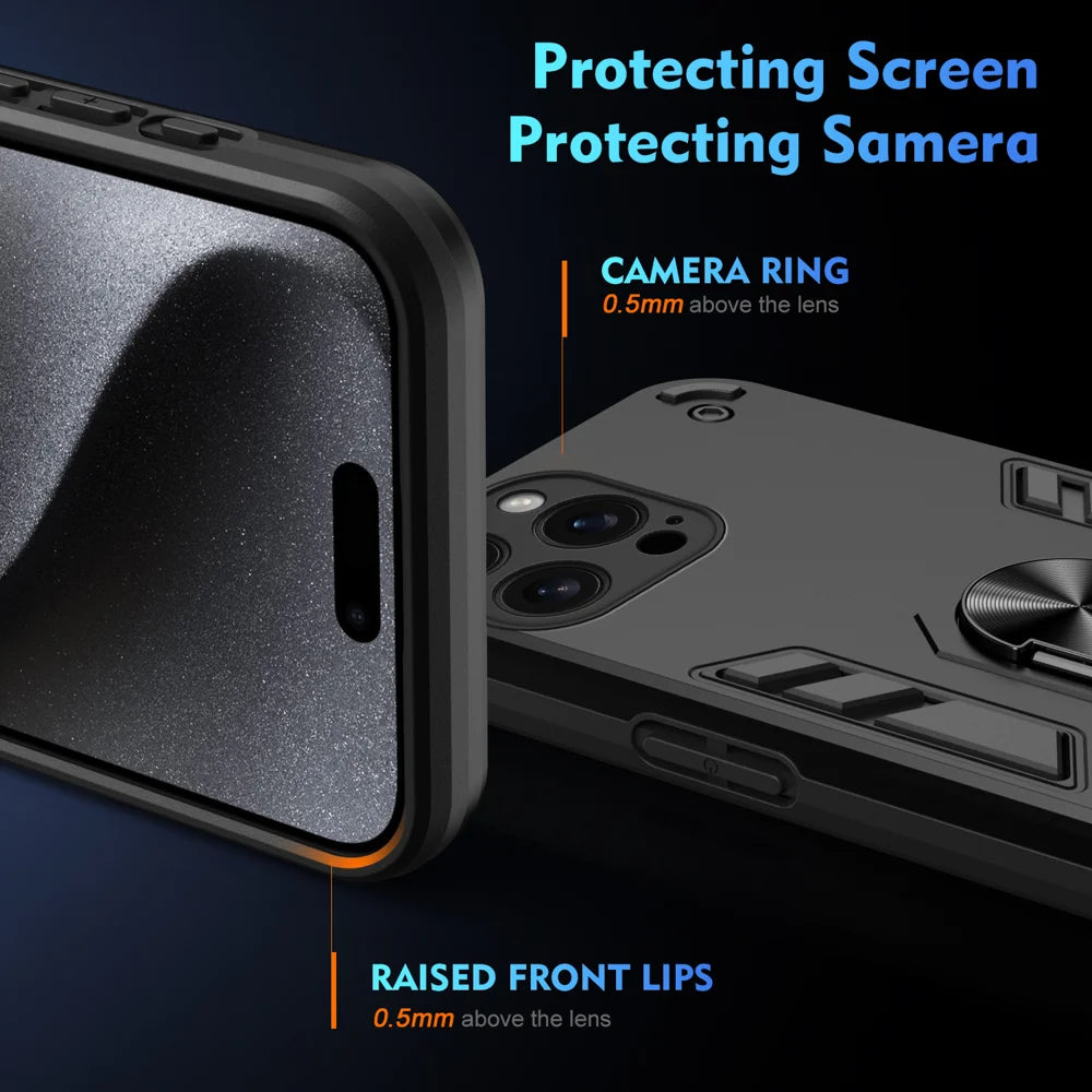 WANLONFENG for iPhone 15 Pro Max YS Series Case Kicktand Shockproof PC TPU Phone Cover with 2Pcs Tempered Glass Film - Black - 4