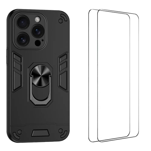 WANLONFENG for iPhone 15 Pro YS Series Case Kicktand Shockproof PC TPU Phone Cover with 2Pcs Tempered Glass Film - Black - 1