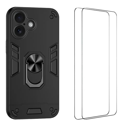 WANLONFENG for iPhone 16 YS Series Case Kicktand Shockproof PC TPU Phone Cover with 2Pcs Tempered Glass Film - Black - 1