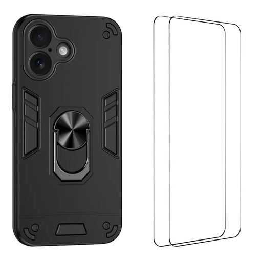 WANLONFENG for iPhone 16 YS Series Case Kicktand Shockproof PC TPU Phone Cover with 2Pcs Tempered Glass Film - Black - 1