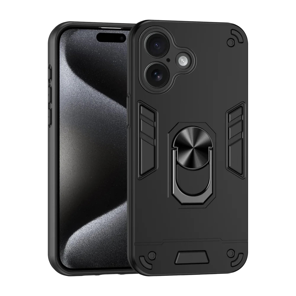 WANLONFENG for iPhone 16 YS Series Case Kicktand Shockproof PC TPU Phone Cover with 2Pcs Tempered Glass Film - Black - 2