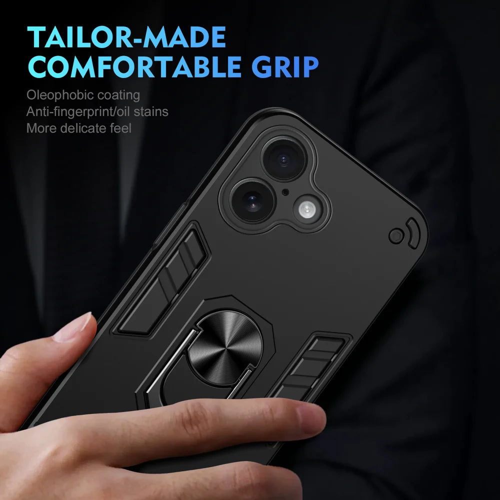 WANLONFENG for iPhone 16 YS Series Case Kicktand Shockproof PC TPU Phone Cover with 2Pcs Tempered Glass Film - Black - 6