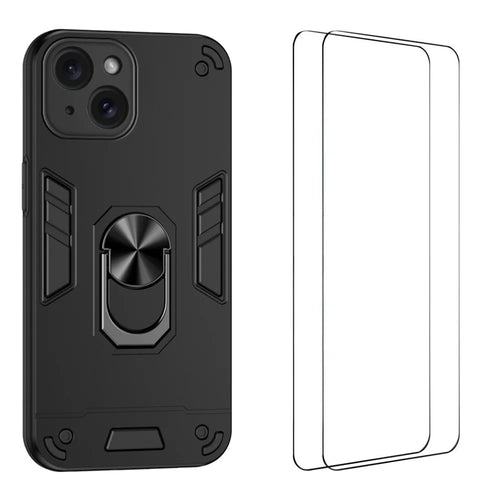 WANLONFENG for iPhone 15 YS Series Case Kicktand Shockproof PC TPU Phone Cover with 2Pcs Tempered Glass Film - Black - 1