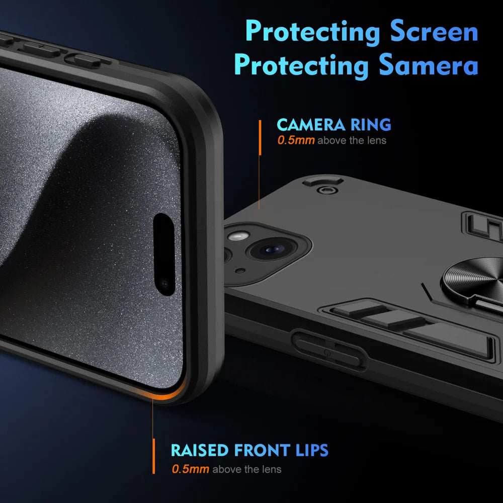 WANLONFENG for iPhone 15 YS Series Case Kicktand Shockproof PC TPU Phone Cover with 2Pcs Tempered Glass Film - Black - 4