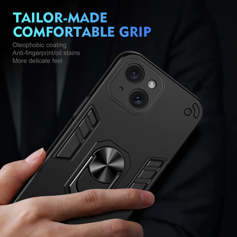 WANLONFENG for iPhone 15 YS Series Case Kicktand Shockproof PC TPU Phone Cover with 2Pcs Tempered Glass Film - Black - 6
