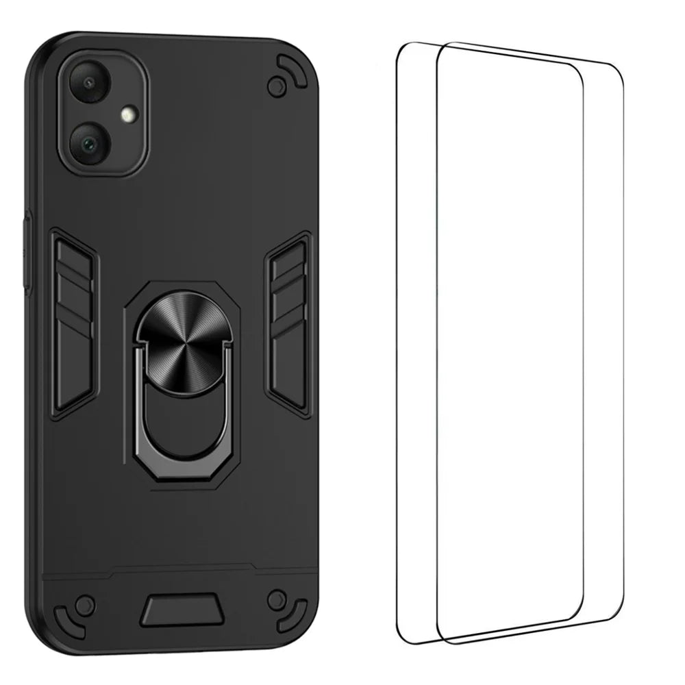 WANLONFENG for Samsung Galaxy A06 4G YS Series Case Kicktand Shockproof PC TPU Phone Cover with 2Pcs Tempered Glass Film - Black - 1