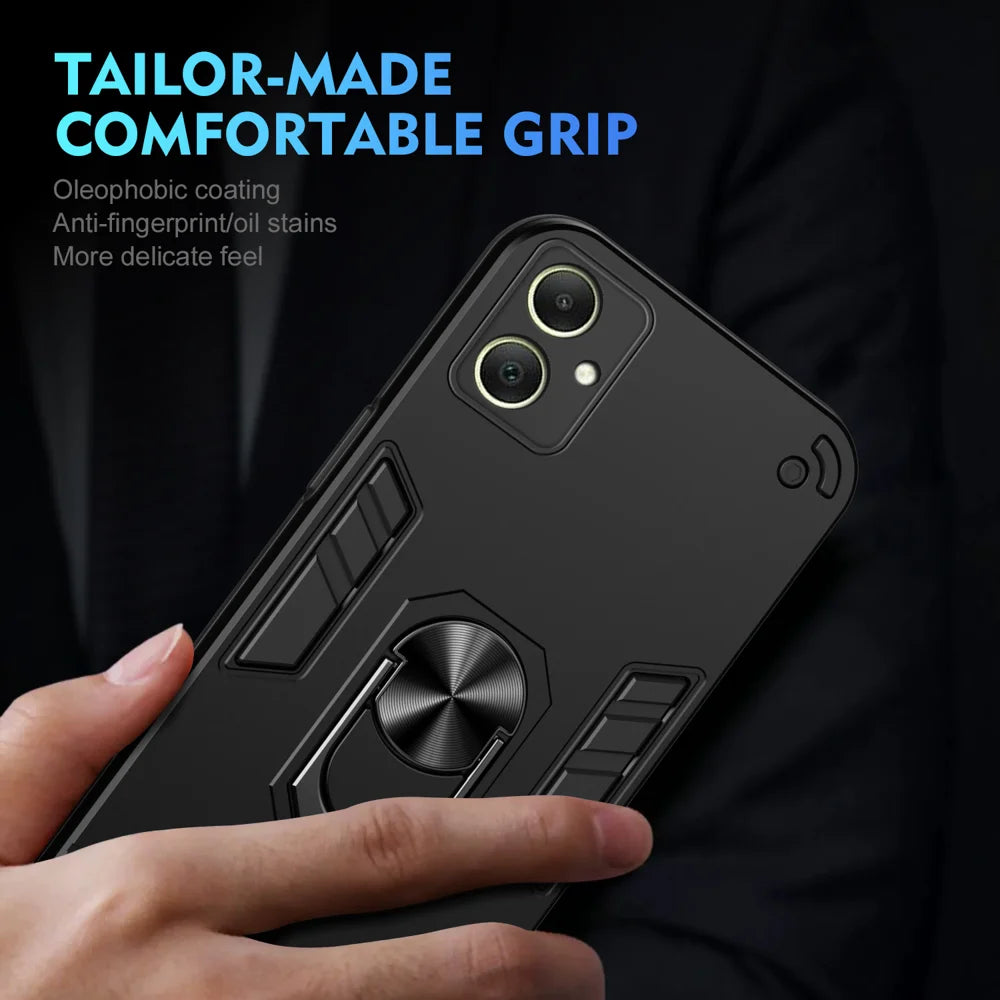 WANLONFENG for Samsung Galaxy A06 4G YS Series Case Kicktand Shockproof PC TPU Phone Cover with 2Pcs Tempered Glass Film - Black - 6