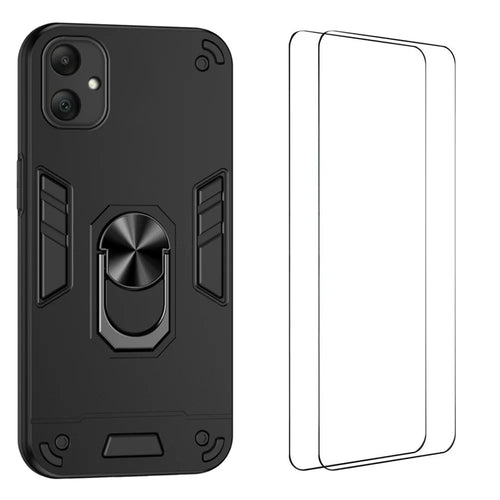 WANLONFENG for Samsung Galaxy A06 5G YS Series Case Kicktand Shockproof PC TPU Phone Cover with 2Pcs Tempered Glass Film - Black - 1