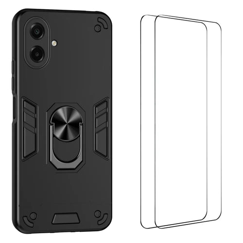 WANLONFENG for Samsung Galaxy A08 4G / A07 4G YS Series Case Kicktand Shockproof PC TPU Phone Cover with 2Pcs Tempered Glass Film - Black - 1