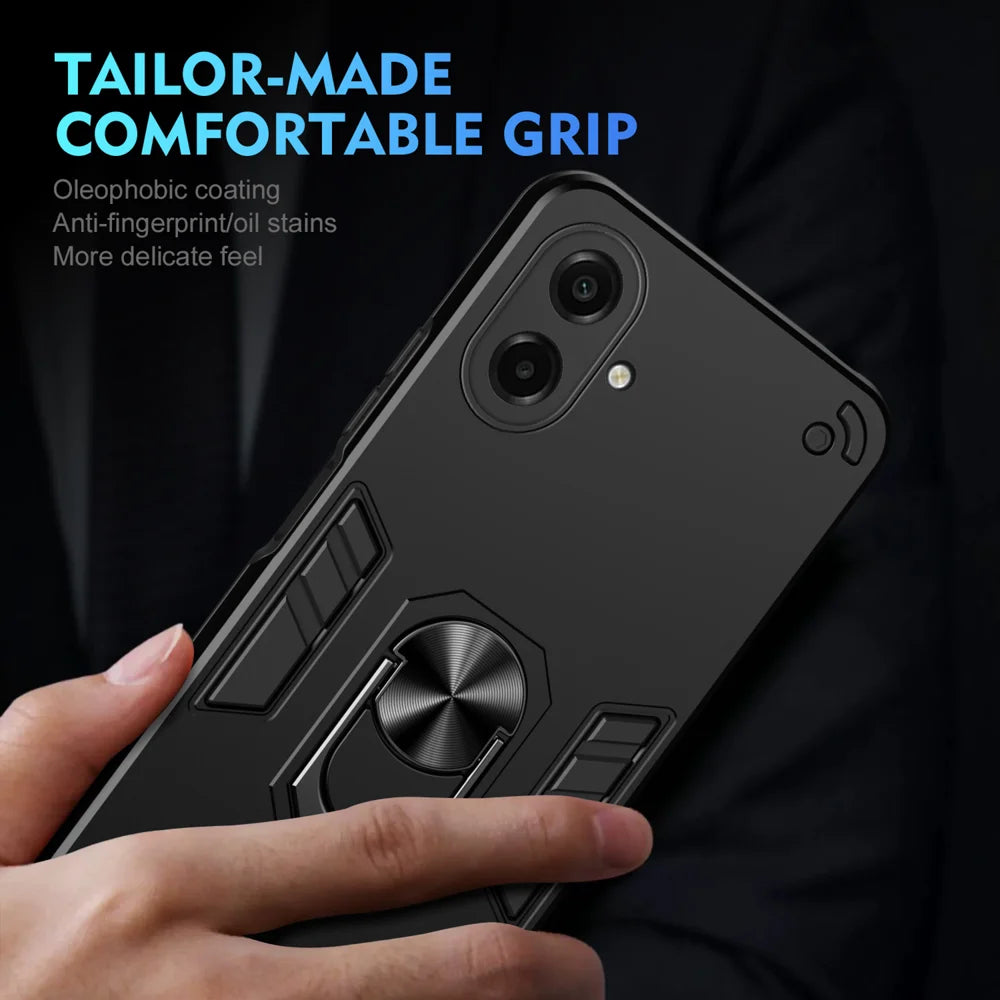 WANLONFENG for Samsung Galaxy A08 4G / A07 4G YS Series Case Kicktand Shockproof PC TPU Phone Cover with 2Pcs Tempered Glass Film - Black - 6