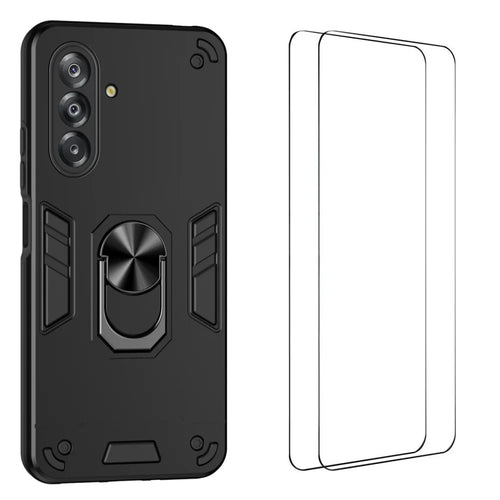 WANLONFENG for Samsung Galaxy A17 4G / Galaxy A17 5G YS Series Case Kicktand Shockproof PC TPU Phone Cover with 2Pcs Tempered Glass Film - Black - 1