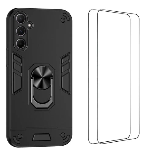 WANLONFENG for Samsung Galaxy A26 5G YS Series Case Kicktand Shockproof PC TPU Phone Cover with 2Pcs Tempered Glass Film - Black - 1