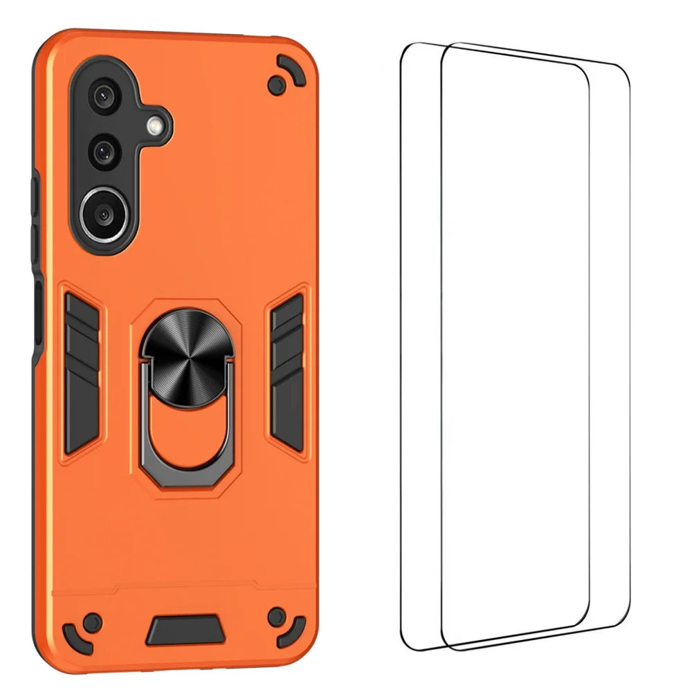 WANLONFENG for Samsung Galaxy A27 5G YS Series Case Kicktand Shockproof PC TPU Phone Cover with 2Pcs Tempered Glass Film - Orange - 1
