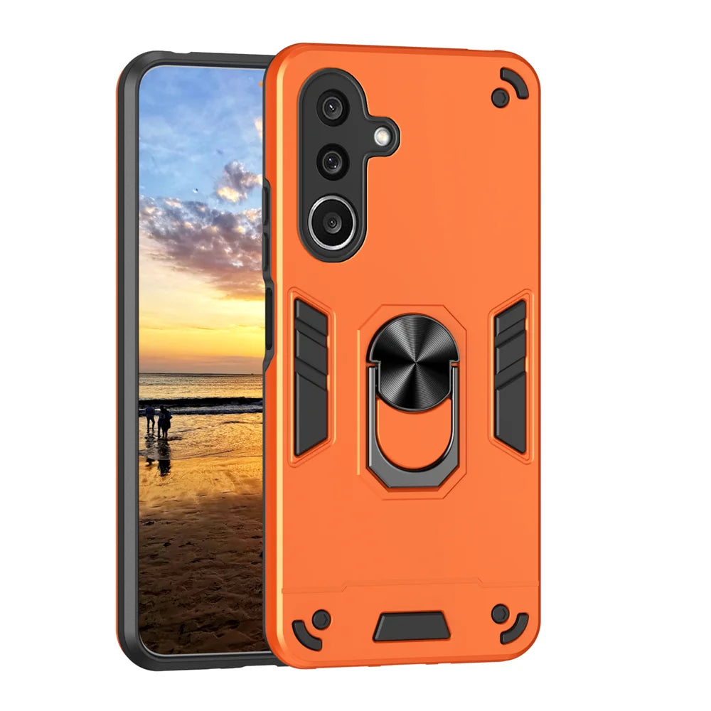 WANLONFENG for Samsung Galaxy A27 5G YS Series Case Kicktand Shockproof PC TPU Phone Cover with 2Pcs Tempered Glass Film - Orange - 2
