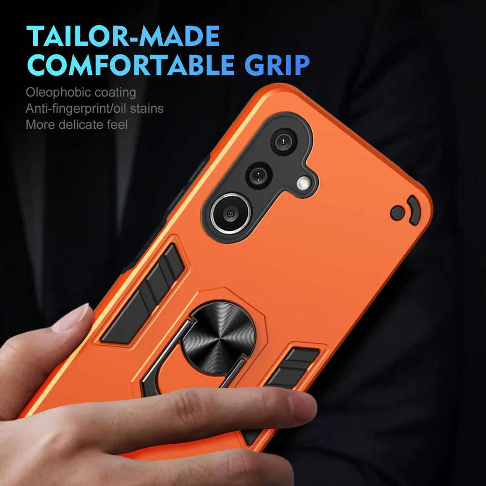 WANLONFENG for Samsung Galaxy A27 5G YS Series Case Kicktand Shockproof PC TPU Phone Cover with 2Pcs Tempered Glass Film - Orange - 6