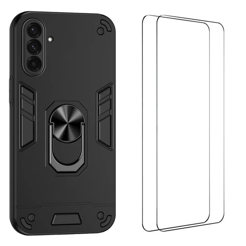 WANLONFENG for Samsung Galaxy A36 5G YS Series Case Kicktand Shockproof PC TPU Phone Cover with 2Pcs Tempered Glass Film - Black - 1
