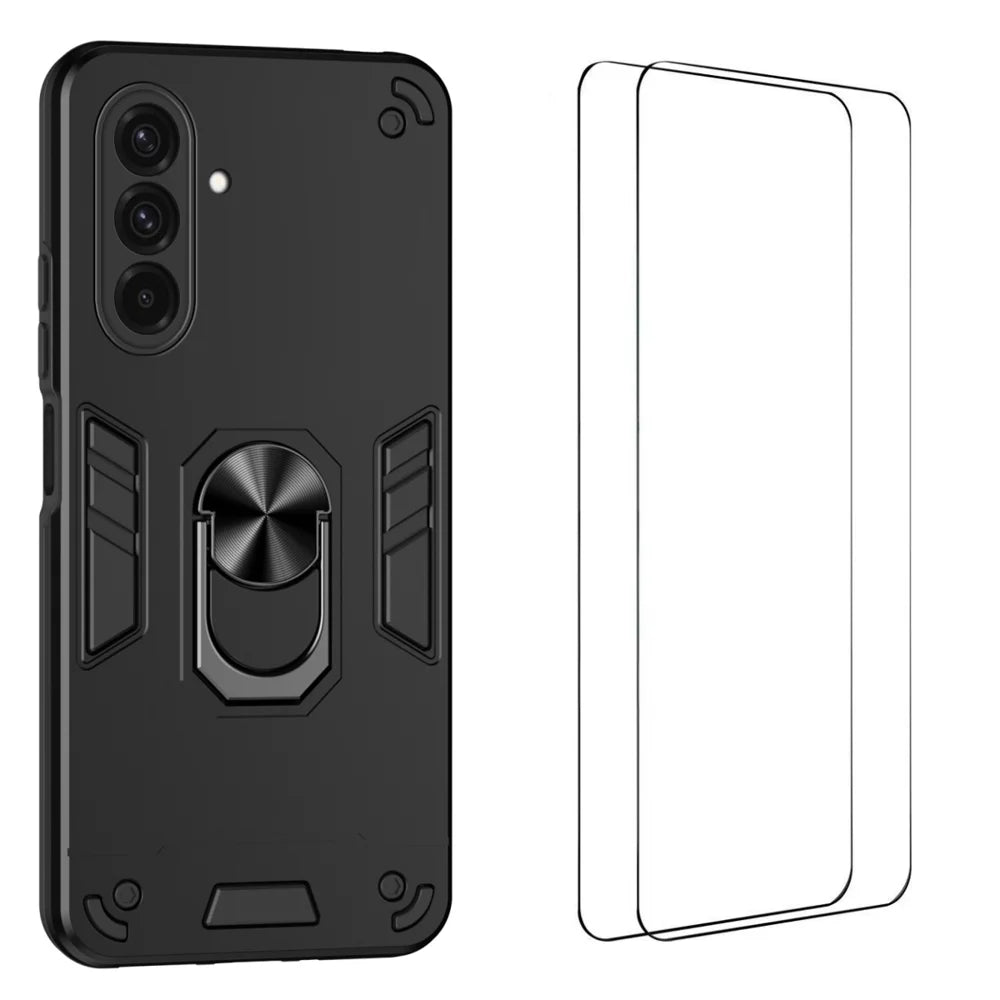 WANLONFENG for Samsung Galaxy A37 5G YS Series Case Kicktand Shockproof PC TPU Phone Cover with 2Pcs Tempered Glass Film - Black - 1