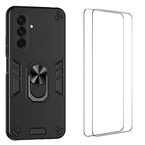 WANLONFENG for Samsung Galaxy A37 5G YS Series Case Kicktand Shockproof PC TPU Phone Cover with 2Pcs Tempered Glass Film - Black - 1