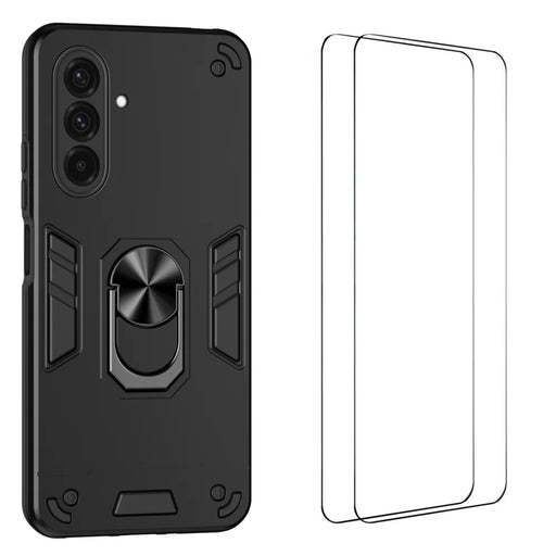 WANLONFENG for Samsung Galaxy A37 5G YS Series Case Kicktand Shockproof PC TPU Phone Cover with 2Pcs Tempered Glass Film - Black - 1