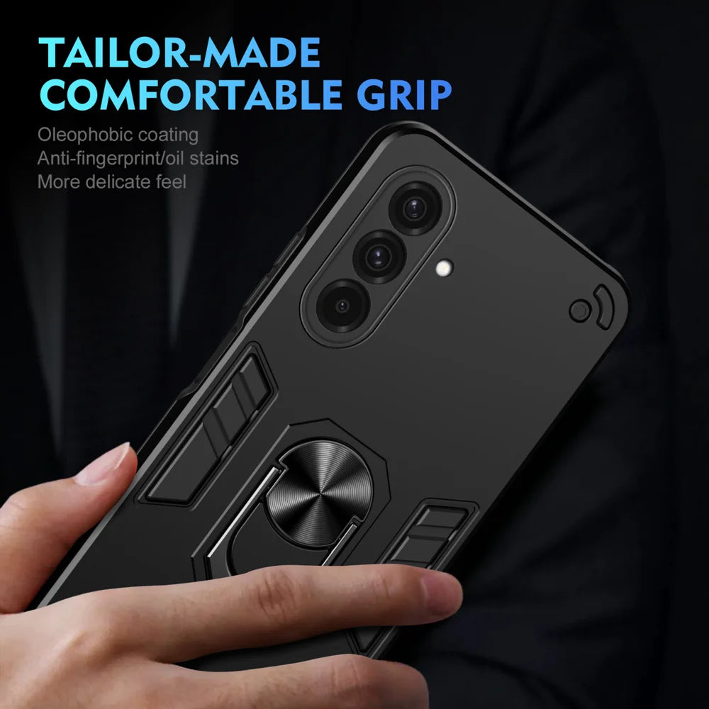 WANLONFENG for Samsung Galaxy A37 5G YS Series Case Kicktand Shockproof PC TPU Phone Cover with 2Pcs Tempered Glass Film - Black - 6